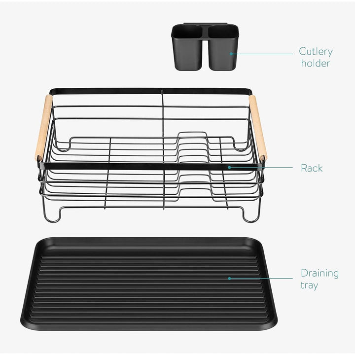 Navaris Dish Drainer Rack - Plate, Silverware, Pots and Pans Drying Rack for Kitchen with Beechwood Handles - Modern Retro Design Drip Tray - Black - Just Closeouts Canada Inc.4063004276396
