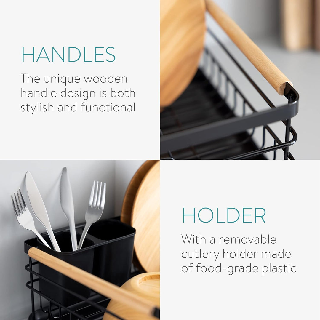 Navaris Dish Drainer Rack - Plate, Silverware, Pots and Pans Drying Rack for Kitchen with Beechwood Handles - Modern Retro Design Drip Tray - Black - Just Closeouts Canada Inc.4063004276396