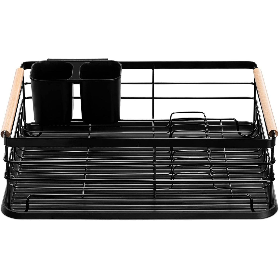 Navaris Dish Drainer Rack - Plate, Silverware, Pots and Pans Drying Rack for Kitchen with Beechwood Handles - Modern Retro Design Drip Tray - Black - Just Closeouts Canada Inc.4063004276396