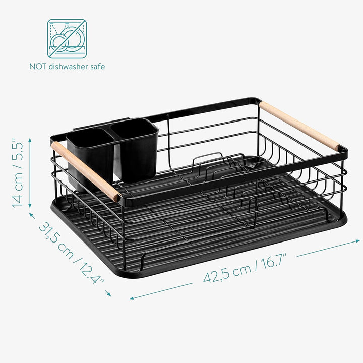 Navaris Dish Drainer Rack - Plate, Silverware, Pots and Pans Drying Rack for Kitchen with Beechwood Handles - Modern Retro Design Drip Tray - Black - Just Closeouts Canada Inc.4063004276396