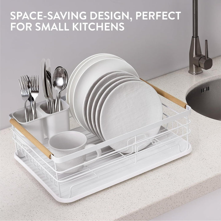 Navaris Dish Drainer Rack - Plate, Silverware, Pots and Pans Drying Rack for Kitchen with Beechwood Handles - Modern Retro DesignDrip Tray - White 16.7 x 12.4 x 5.5 inches - Just Closeouts Canada Inc.4063004182178