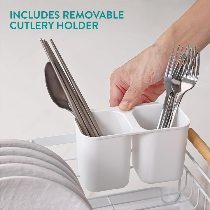 Navaris Dish Drainer Rack - Plate, Silverware, Pots and Pans Drying Rack for Kitchen with Beechwood Handles - Modern Retro DesignDrip Tray - White 16.7 x 12.4 x 5.5 inches - Just Closeouts Canada Inc.4063004182178