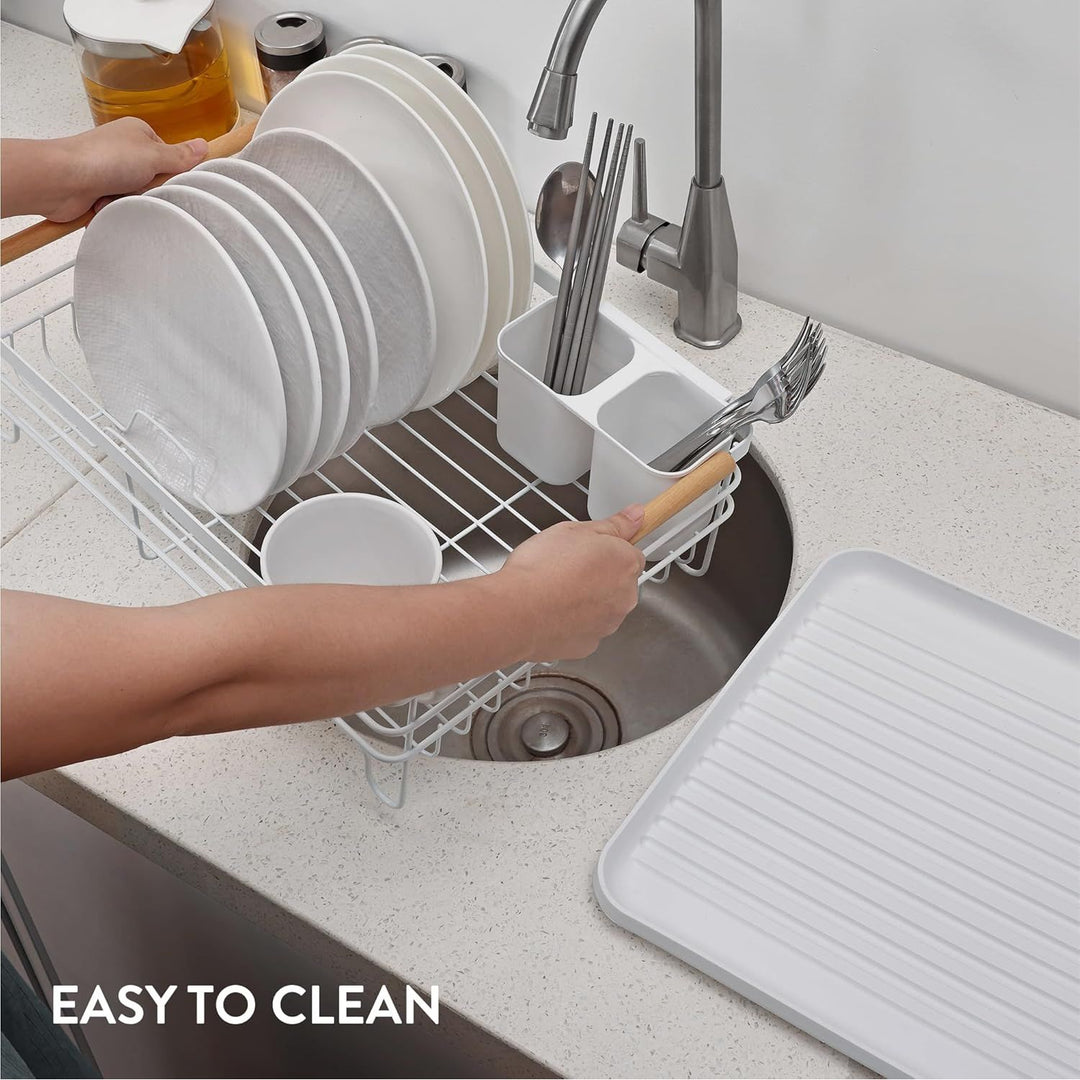 Navaris Dish Drainer Rack - Plate, Silverware, Pots and Pans Drying Rack for Kitchen with Beechwood Handles - Modern Retro DesignDrip Tray - White 16.7 x 12.4 x 5.5 inches - Just Closeouts Canada Inc.4063004182178