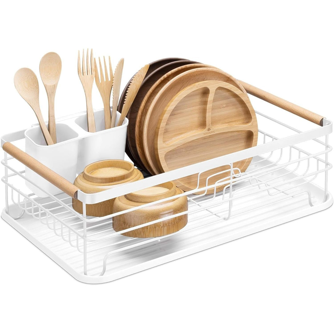 Navaris Dish Drainer Rack - Plate, Silverware, Pots and Pans Drying Rack for Kitchen with Beechwood Handles - Modern Retro DesignDrip Tray - White 16.7 x 12.4 x 5.5 inches - Just Closeouts Canada Inc.4063004182178