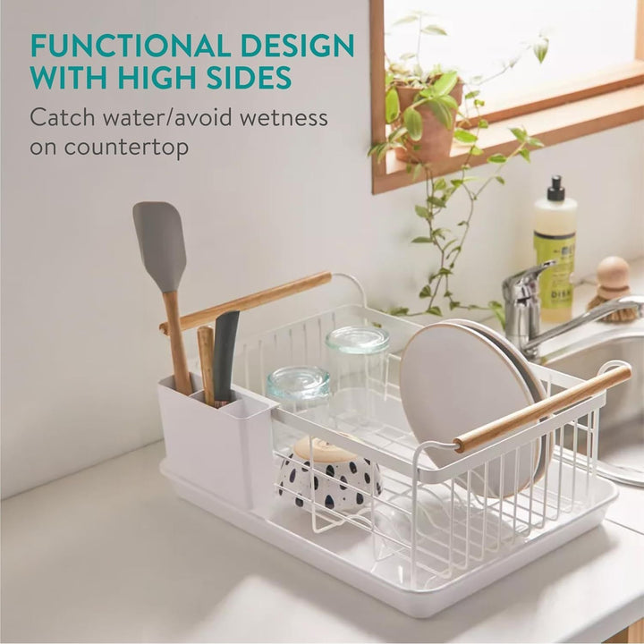 Navaris Dish Drainer Rack - Plate, Silverware, Pots and Pans Drying Rack for Kitchen with Beechwood Handles - Modern Retro DesignDrip Tray - White 16.7 x 12.4 x 5.5 inches - Just Closeouts Canada Inc.4063004182178