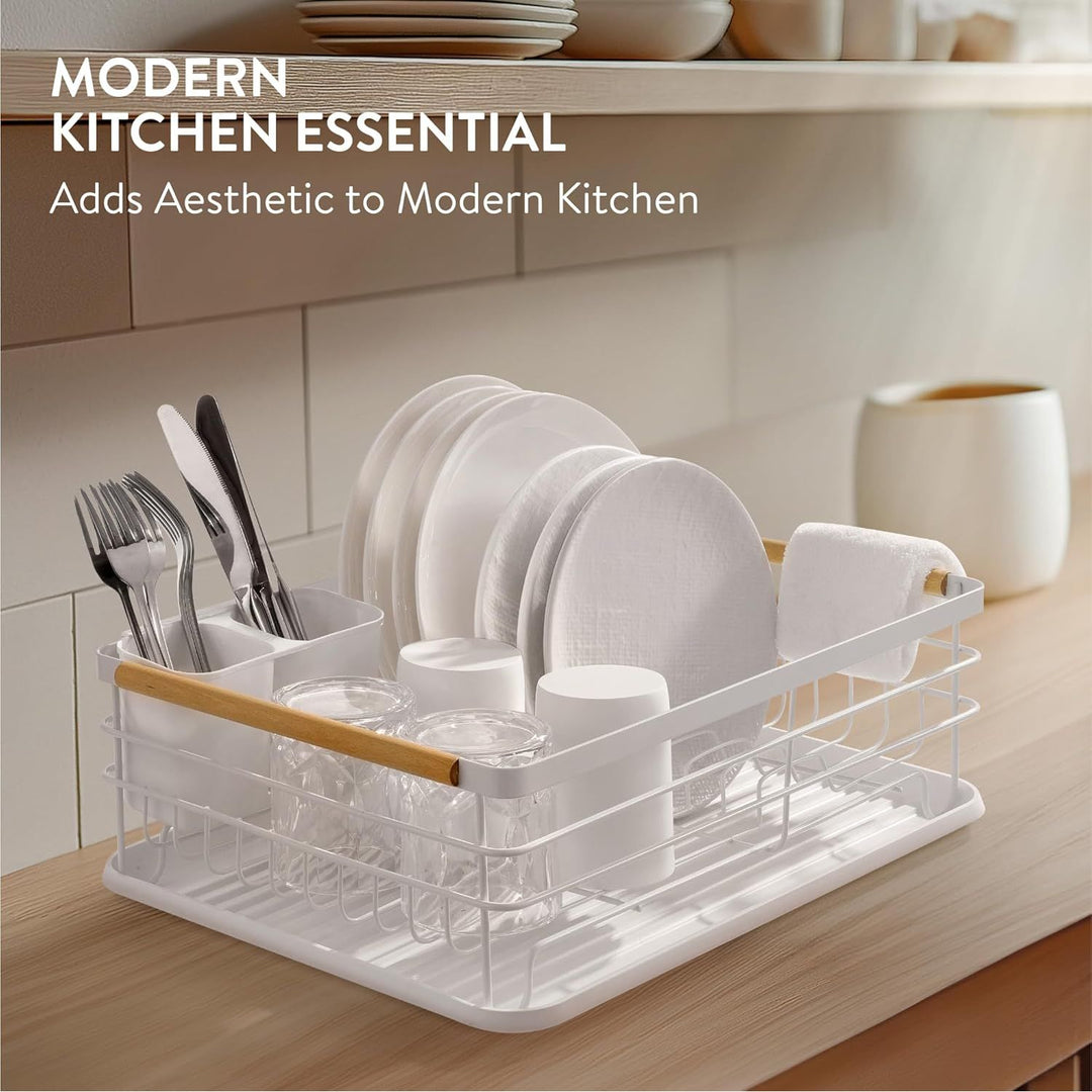 Navaris Dish Drainer Rack - Plate, Silverware, Pots and Pans Drying Rack for Kitchen with Beechwood Handles - Modern Retro DesignDrip Tray - White 16.7 x 12.4 x 5.5 inches - Just Closeouts Canada Inc.4063004182178