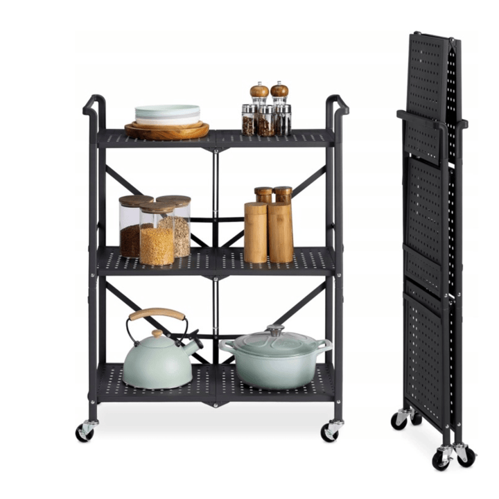 Navaris Foldable Metal Rolling Cart - Collapsible Utility Cart with Wheels - 3 - Tier Service Trolley Kitchen Storage Shelves - 27.2" x 13.2" x 36.6" - Just Closeouts Canada Inc.4063004471531