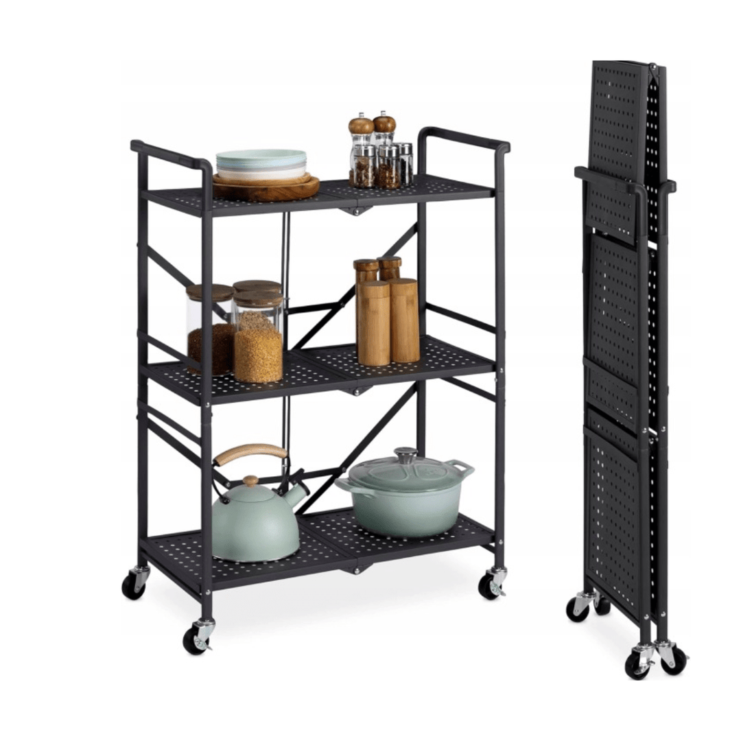 Navaris Foldable Metal Rolling Cart - Collapsible Utility Cart with Wheels - 3 - Tier Service Trolley Kitchen Storage Shelves - 27.2" x 13.2" x 36.6" - Just Closeouts Canada Inc.4063004471531