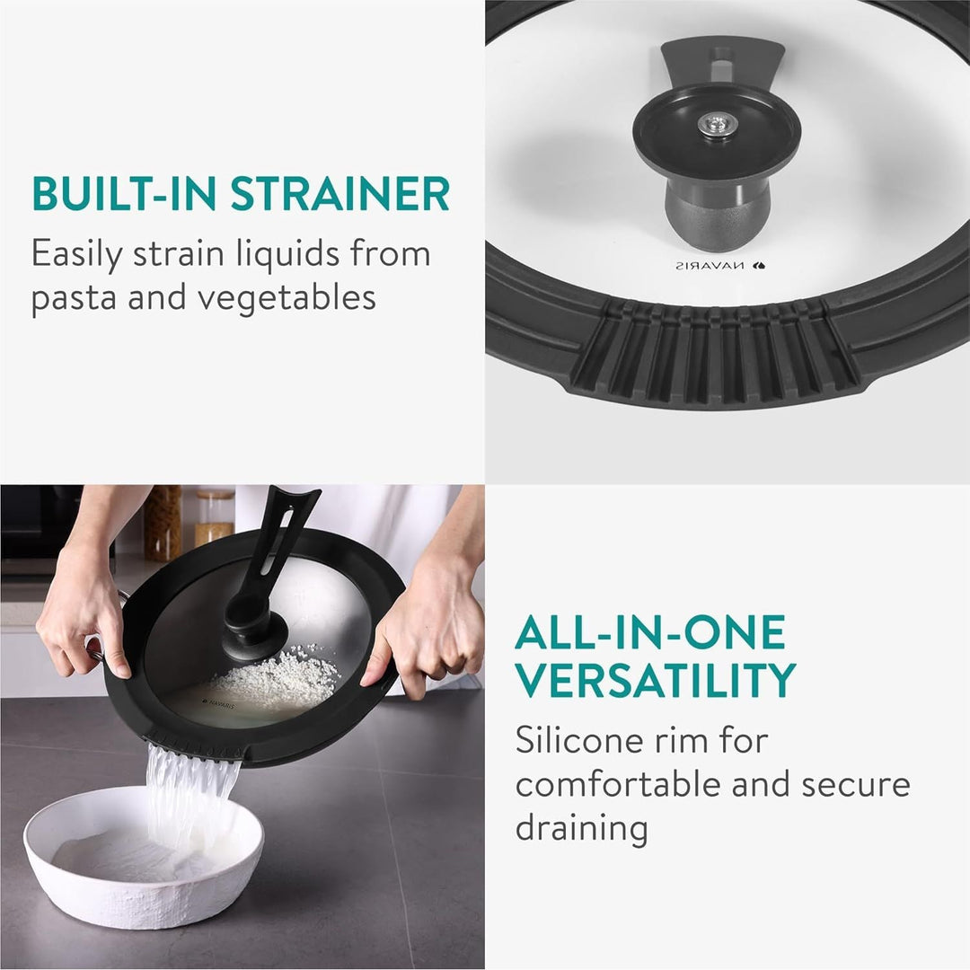 Navaris Free Standing Universal Lid for Pots, Pans and Skillets, Fits 10/11/12" (26/28/30cm), Tempered Glass with Heat Resistant Silicone Built - In Straining Rim, Dishwasher Safe - Just Closeouts Canada Inc.4067668115497