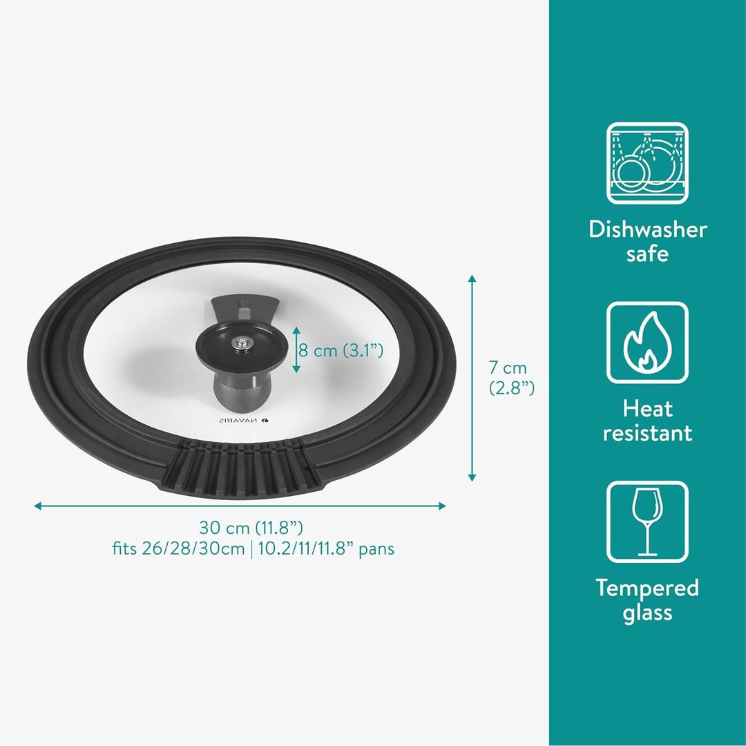 Navaris Free Standing Universal Lid for Pots, Pans and Skillets, Fits 10/11/12" (26/28/30cm), Tempered Glass with Heat Resistant Silicone Built - In Straining Rim, Dishwasher Safe - Just Closeouts Canada Inc.4067668115497