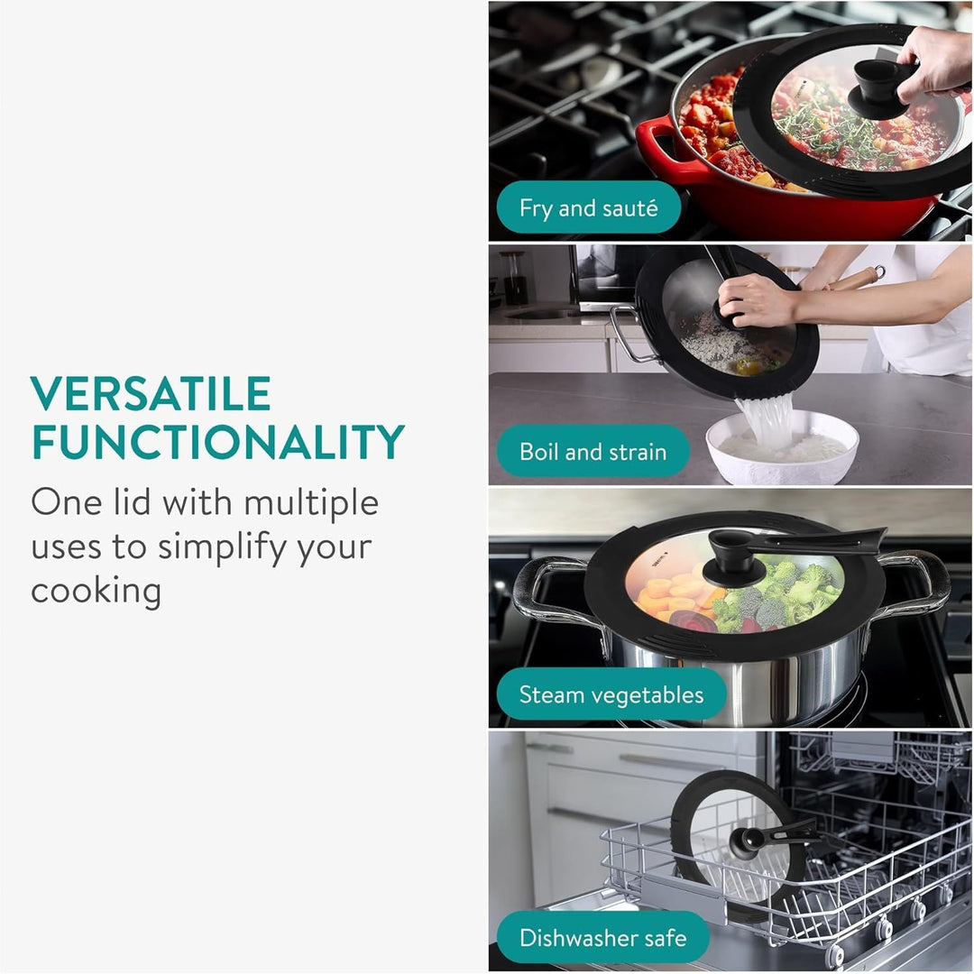 Navaris Free Standing Universal Lid for Pots, Pans and Skillets, Fits 10/11/12" (26/28/30cm), Tempered Glass with Heat Resistant Silicone Built - In Straining Rim, Dishwasher Safe - Just Closeouts Canada Inc.4067668115497