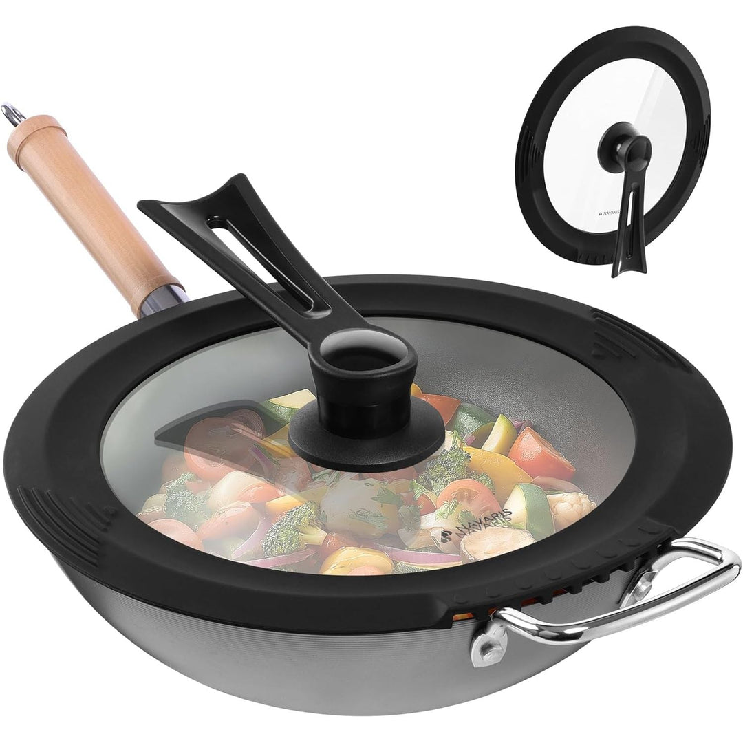 Navaris Free Standing Universal Lid for Pots, Pans and Skillets, Fits 10/11/12" (26/28/30cm), Tempered Glass with Heat Resistant Silicone Built - In Straining Rim, Dishwasher Safe - Just Closeouts Canada Inc.4067668115497