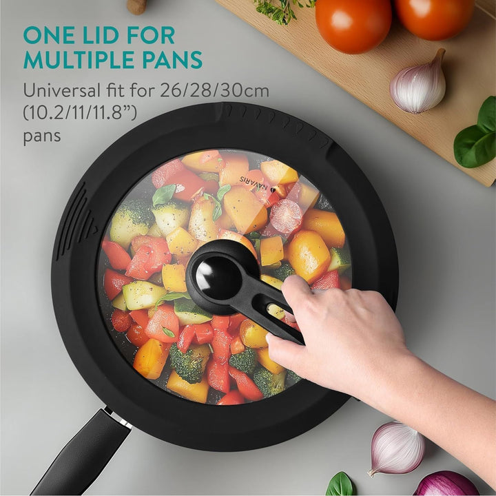 Navaris Free Standing Universal Lid for Pots, Pans and Skillets, Fits 10/11/12" (26/28/30cm), Tempered Glass with Heat Resistant Silicone Built - In Straining Rim, Dishwasher Safe - Just Closeouts Canada Inc.4067668115497
