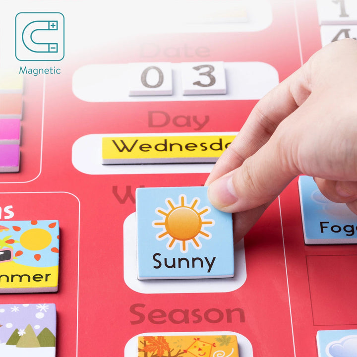 Navaris Kids Magnetic Calendar - Early Years Learning - Weather, Date, Month, Day, Season Educational Chart for Children - Kids Wall Board - Red - Just Closeouts Canada Inc.4063004274217