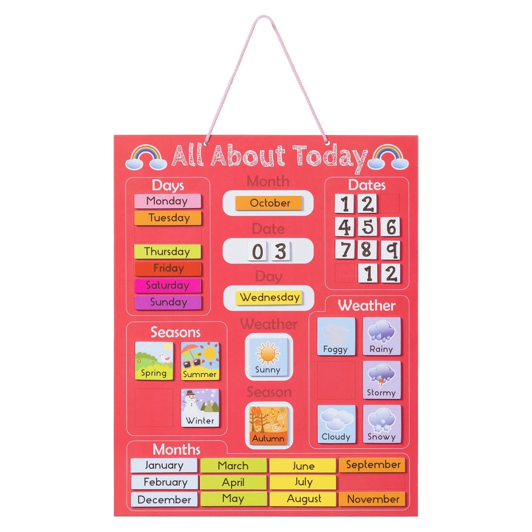 Navaris Kids Magnetic Calendar - Early Years Learning - Weather, Date, Month, Day, Season Educational Chart for Children - Kids Wall Board - Red - Just Closeouts Canada Inc.4063004274217