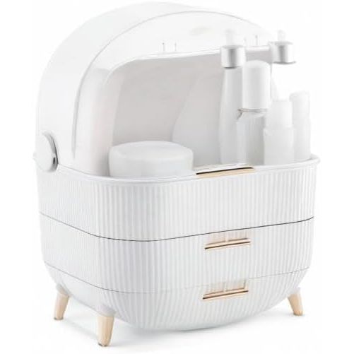Navaris Makeup Organizer Storage Box - Cosmetics, Skincare and Beauty Case with Clear Lid Display and 2 Drawers - Bathroom Counter or Vanity - White - Just Closeouts Canada Inc.4063004243916