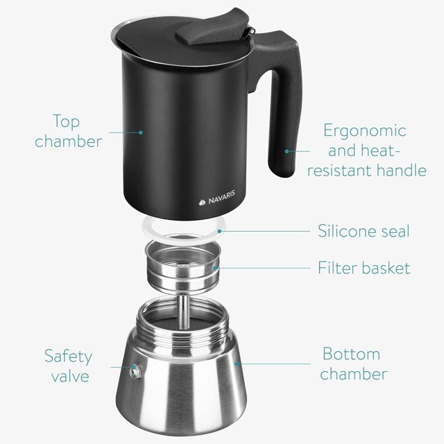 Navaris Moka Coffee Pot - Percolator Espresso Maker for Stovetops Induction Gas Electric Stove Hob - Stainless Steel Percolated Coffee Pot - 6.8 fl oz / 200ml, black - Just Closeouts Canada Inc.4063004322840