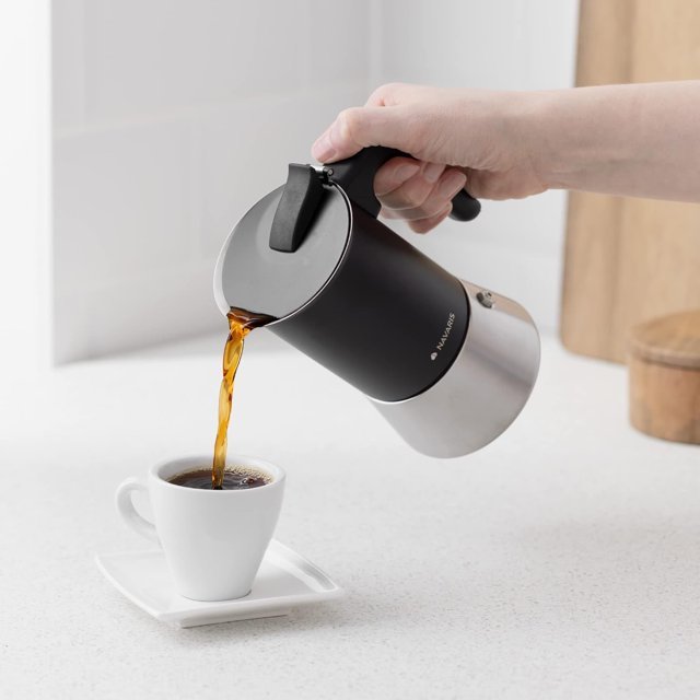 Navaris Moka Coffee Pot - Percolator Espresso Maker for Stovetops Induction Gas Electric Stove Hob - Stainless Steel Percolated Coffee Pot - 6.8 fl oz / 200ml, black - Just Closeouts Canada Inc.4063004322840
