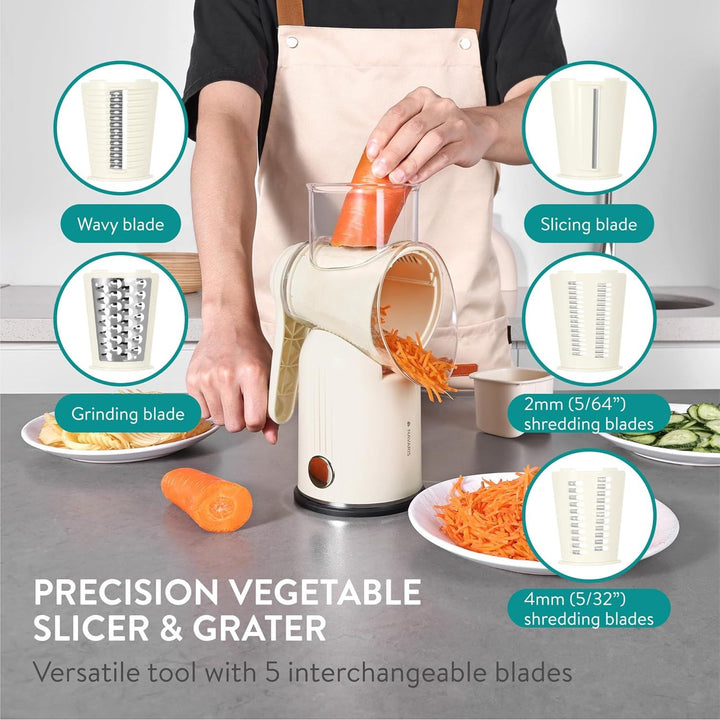 Navaris Rotary Cheese Grater with 5 Blades - Vegetable Shredder, Strong Suction Base, Mandoline Slicer for Fruit, Nuts, Dishwasher Safe, with Storage Box, Easy to Clean, Cream - Just Closeouts Canada Inc.4067668098738