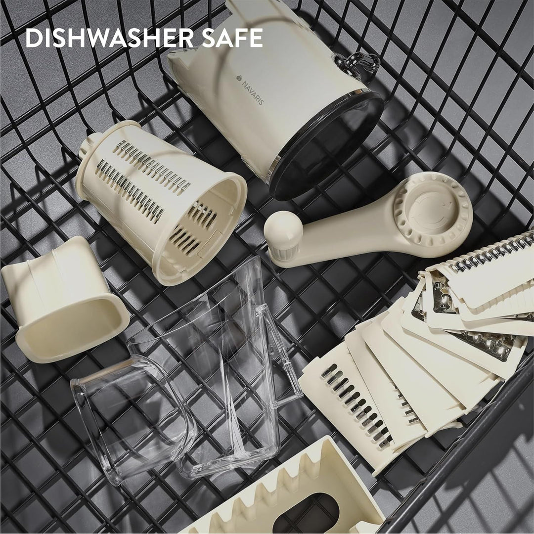 Navaris Rotary Cheese Grater with 5 Blades - Vegetable Shredder, Strong Suction Base, Mandoline Slicer for Fruit, Nuts, Dishwasher Safe, with Storage Box, Easy to Clean, Cream - Just Closeouts Canada Inc.4067668098738