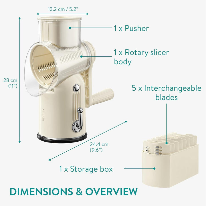 Navaris Rotary Cheese Grater with 5 Blades - Vegetable Shredder, Strong Suction Base, Mandoline Slicer for Fruit, Nuts, Dishwasher Safe, with Storage Box, Easy to Clean, Cream - Just Closeouts Canada Inc.4067668098738