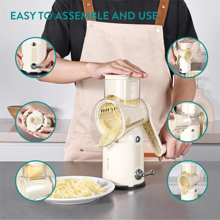Navaris Rotary Cheese Grater with 5 Blades - Vegetable Shredder, Strong Suction Base, Mandoline Slicer for Fruit, Nuts, Dishwasher Safe, with Storage Box, Easy to Clean, Cream - Just Closeouts Canada Inc.4067668098738