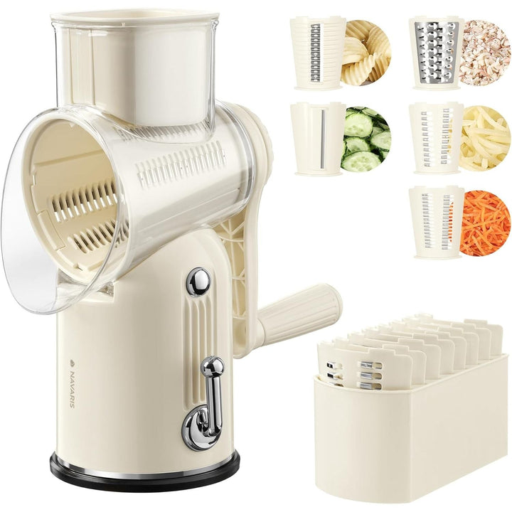 Navaris Rotary Cheese Grater with 5 Blades - Vegetable Shredder, Strong Suction Base, Mandoline Slicer for Fruit, Nuts, Dishwasher Safe, with Storage Box, Easy to Clean, Cream - Just Closeouts Canada Inc.4067668098738