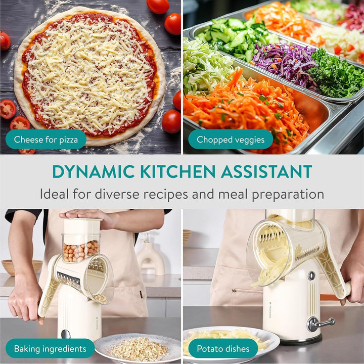 Navaris Rotary Cheese Grater with 5 Blades - Vegetable Shredder, Strong Suction Base, Mandoline Slicer for Fruit, Nuts, Dishwasher Safe, with Storage Box, Easy to Clean, Cream - Just Closeouts Canada Inc.4067668098738