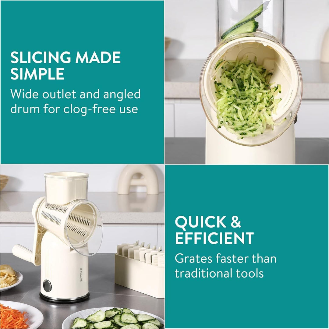 Navaris Rotary Cheese Grater with 5 Blades - Vegetable Shredder, Strong Suction Base, Mandoline Slicer for Fruit, Nuts, Dishwasher Safe, with Storage Box, Easy to Clean, Cream - Just Closeouts Canada Inc.4067668098738