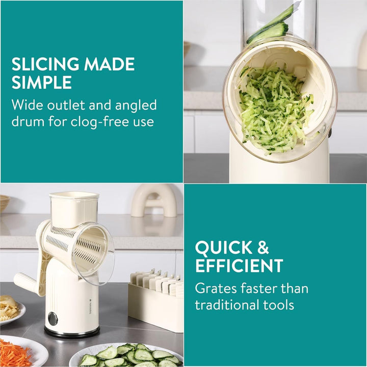 Navaris Rotary Cheese Grater with 5 Blades - Vegetable Shredder, Strong Suction Base, Mandoline Slicer for Fruit, Nuts, Dishwasher Safe, with Storage Box, Easy to Clean, Cream - Just Closeouts Canada Inc.4067668098738