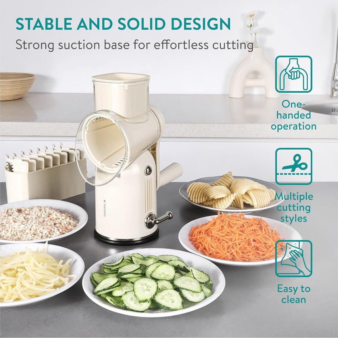 Navaris Rotary Cheese Grater with 5 Blades - Vegetable Shredder, Strong Suction Base, Mandoline Slicer for Fruit, Nuts, Dishwasher Safe, with Storage Box, Easy to Clean, Cream - Just Closeouts Canada Inc.4067668098738