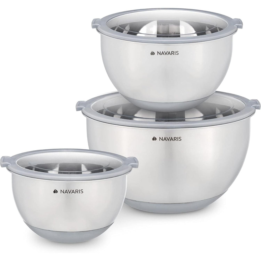 Navaris Stainless Steel Mixing Bowls with Lids (Set of 3) - Small, Medium and Large Mixing Bowl with Lid Set - 1.5 QT, 3 QT, 5 QT - Gray - Just Closeouts Canada Inc.4063004262894