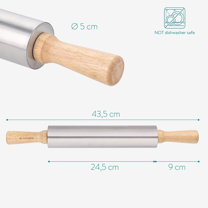 Navaris Stainless Steel Rolling Pin - 17" Non Stick Metal Roller with Wood Handles for Baking, Cooking, Cookies, Biscuits, Pizzas, Dough, Pastry - Just Closeouts Canada Inc.4063004158418
