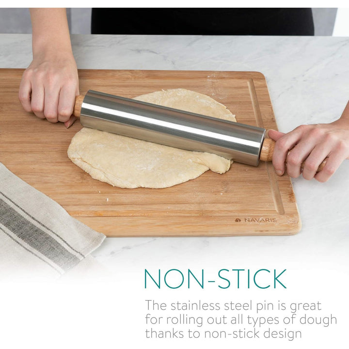 Navaris Stainless Steel Rolling Pin - 17" Non Stick Metal Roller with Wood Handles for Baking, Cooking, Cookies, Biscuits, Pizzas, Dough, Pastry - Just Closeouts Canada Inc.4063004158418