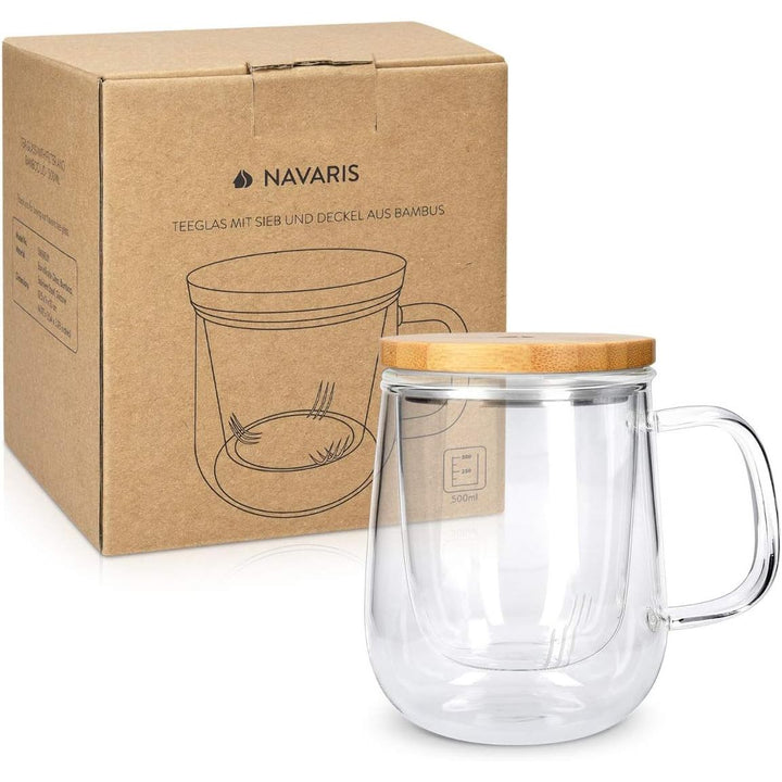 Navaris Tea Mug with Infuser and Bamboo Lid - 16.9 oz (500ml) Borosilicate Glass Tea Cup with Glass Strainer for Brewing Loose Leaf Tea in Home or Office - Just Closeouts Canada Inc.4063004083949