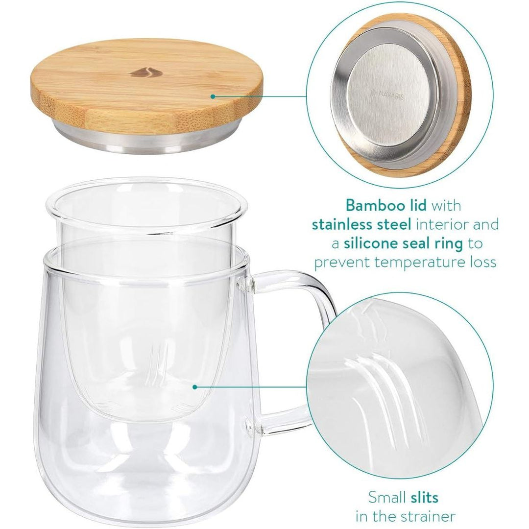 Navaris Tea Mug with Infuser and Bamboo Lid - 16.9 oz (500ml) Borosilicate Glass Tea Cup with Glass Strainer for Brewing Loose Leaf Tea in Home or Office - Just Closeouts Canada Inc.4063004083949