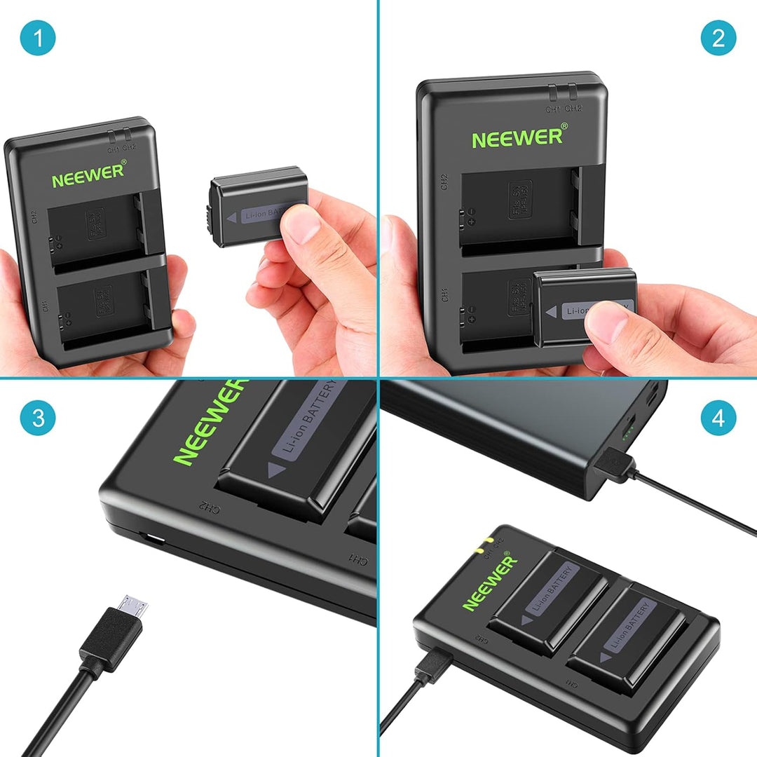Neewer NP - FW50 Camera Battery Charger Set Compatible with Sony ZV - E10, A7, A7R, A7RII, A7II, A7SII, A7S, a3000, a5000, a6000, a6300, a6400, a6500, RX10 Series(2 - Pack, Micro USB Port, 1100mAh) - Just Closeouts Canada Inc.