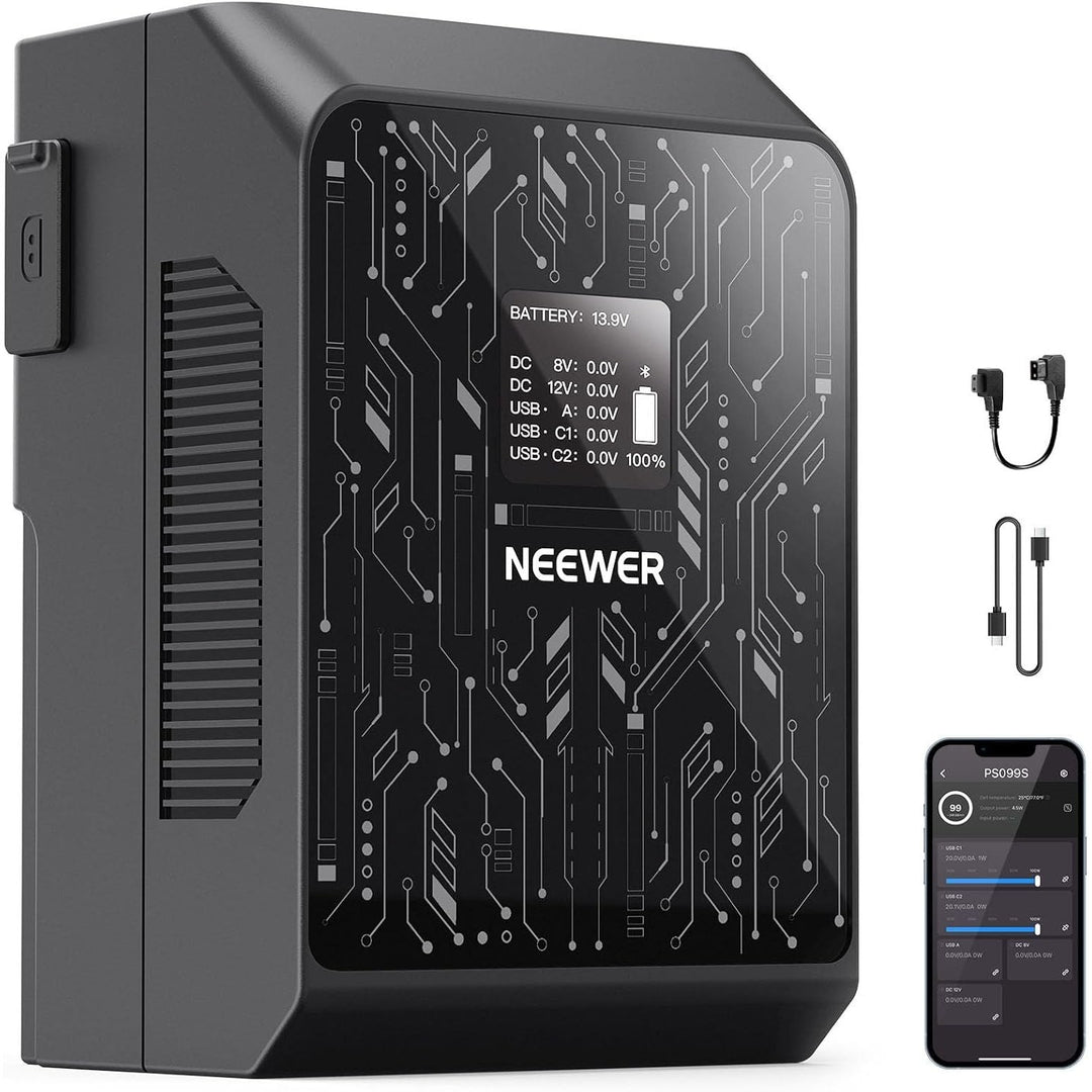 NEEWER Smart Mini V Mount Battery NEEWER APP Control, 6800mAh 99Wh 14.5V with 100W PD Fast Charging, OLED, Dual USB C/D Tap/BP/USB A/Dual DC Ports, Compatible with BMPCC 4k 6k Camcorder Camera, PS099S - Just Closeouts Canada Inc.