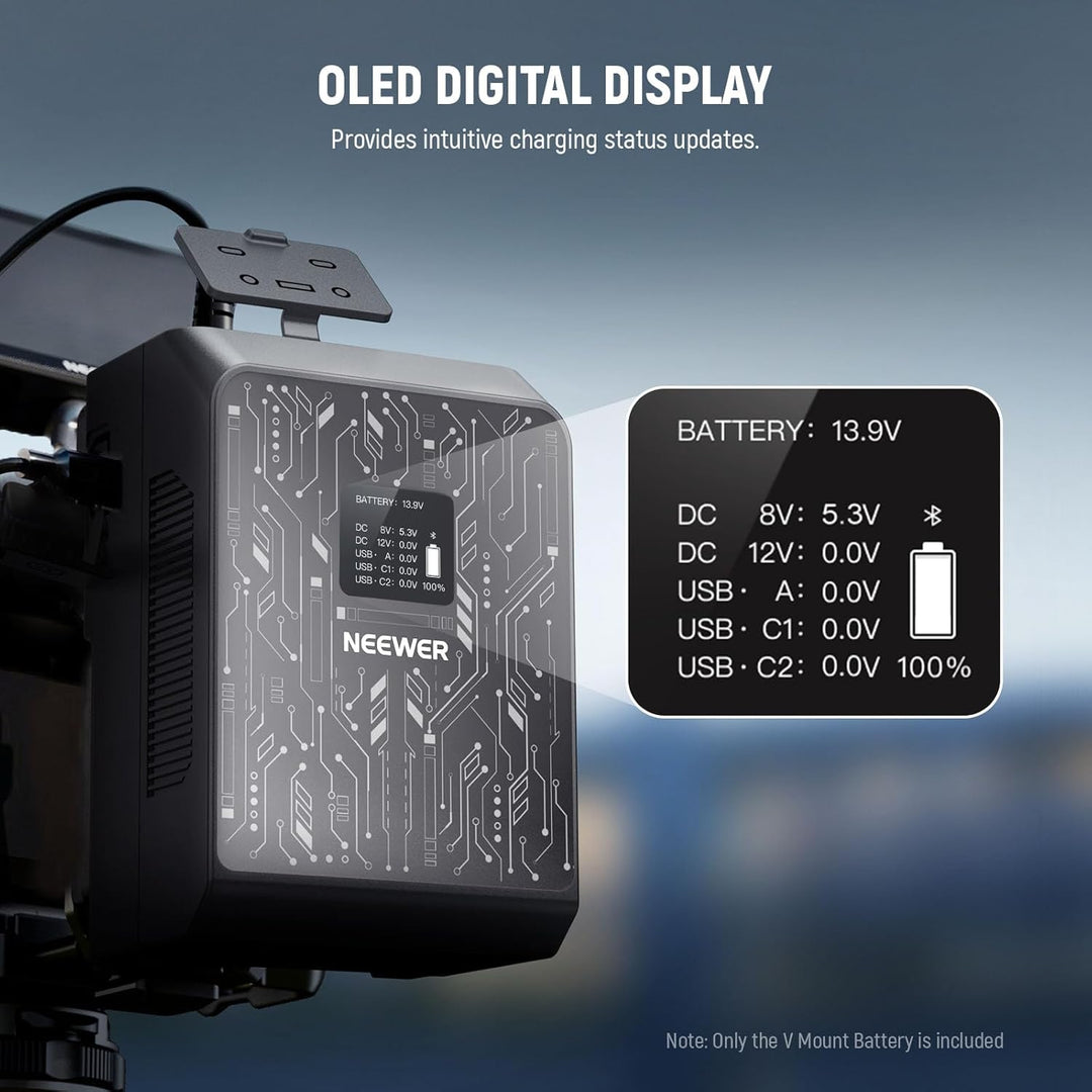 NEEWER Smart Mini V Mount Battery NEEWER APP Control, 6800mAh 99Wh 14.5V with 100W PD Fast Charging, OLED, Dual USB C/D Tap/BP/USB A/Dual DC Ports, Compatible with BMPCC 4k 6k Camcorder Camera, PS099S - Just Closeouts Canada Inc.