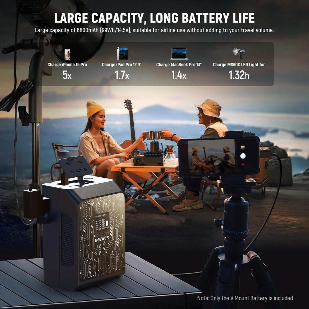NEEWER Smart Mini V Mount Battery NEEWER APP Control, 6800mAh 99Wh 14.5V with 100W PD Fast Charging, OLED, Dual USB C/D Tap/BP/USB A/Dual DC Ports, Compatible with BMPCC 4k 6k Camcorder Camera, PS099S - Just Closeouts Canada Inc.