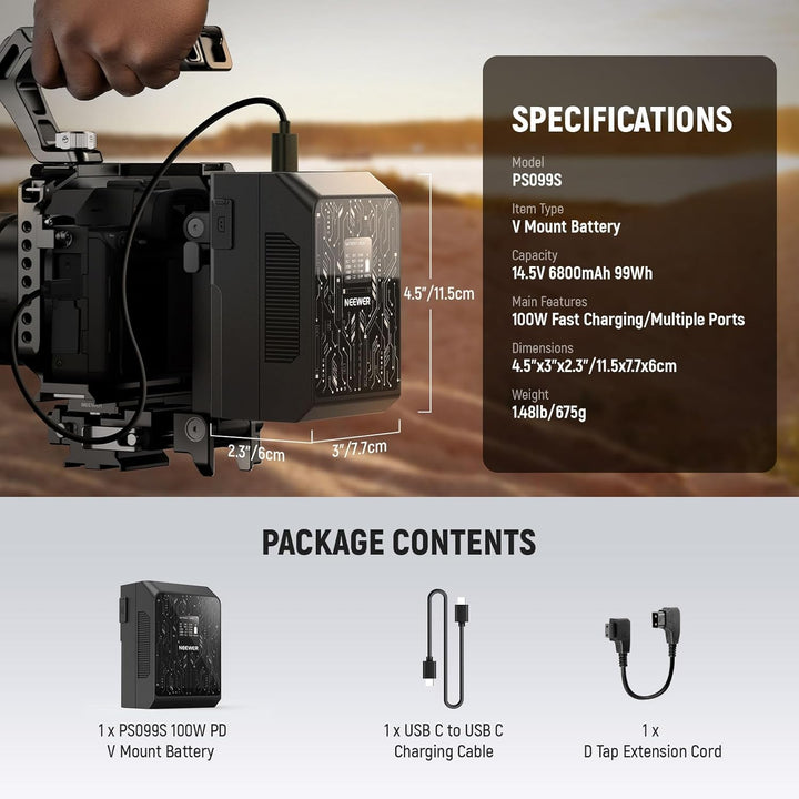 NEEWER Smart Mini V Mount Battery NEEWER APP Control, 6800mAh 99Wh 14.5V with 100W PD Fast Charging, OLED, Dual USB C/D Tap/BP/USB A/Dual DC Ports, Compatible with BMPCC 4k 6k Camcorder Camera, PS099S - Just Closeouts Canada Inc.