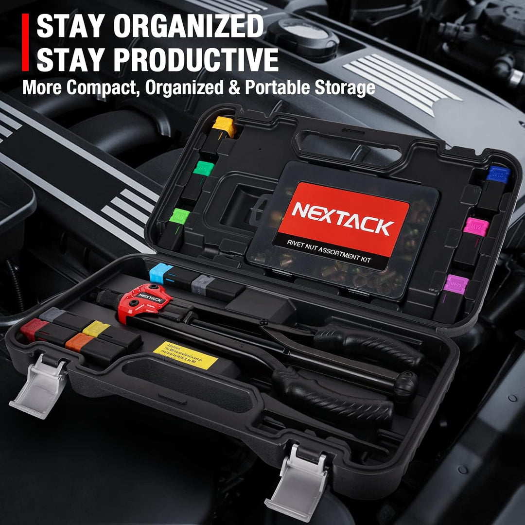 NEXTACK Rivet Nut Tool Kit w/ 105pc Nurserts, 16" Heavy Duty Rivnut Tool Kit w/ 12pc Mandrels 8 - 32 10 - 24 10 - 32 1/4 - 20 5/16 - 18 3/8 - 16 1/2 - 13 M5 M6 M8 M10 M12 in Organized Rugged Carrying Case NT800 - Just Closeouts Canada Inc.