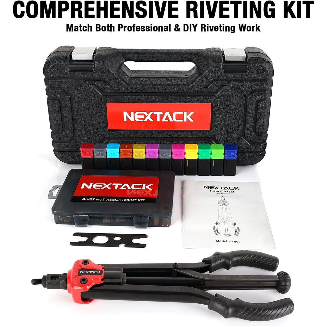 NEXTACK Rivet Nut Tool Kit w/ 105pc Nurserts, 16" Heavy Duty Rivnut Tool Kit w/ 12pc Mandrels 8 - 32 10 - 24 10 - 32 1/4 - 20 5/16 - 18 3/8 - 16 1/2 - 13 M5 M6 M8 M10 M12 in Organized Rugged Carrying Case NT800 - Just Closeouts Canada Inc.