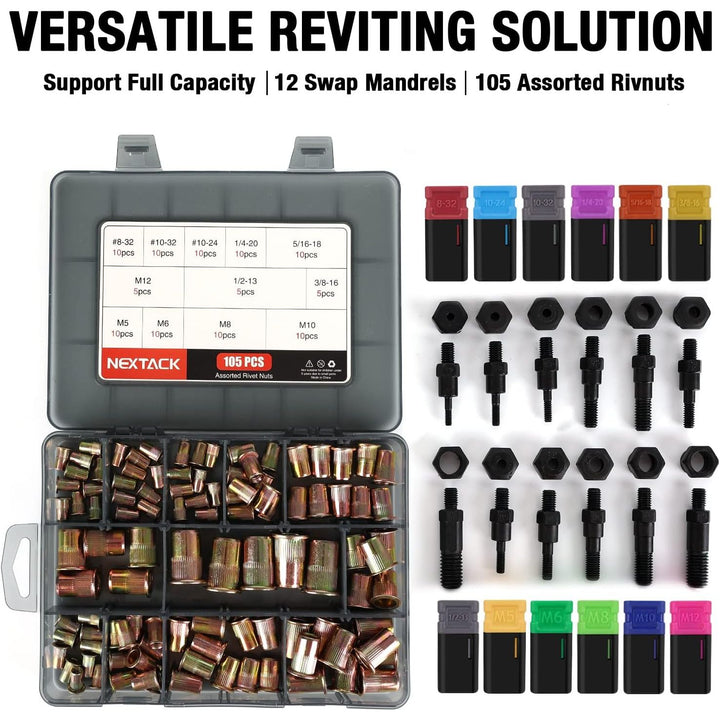 NEXTACK Rivet Nut Tool Kit w/ 105pc Nurserts, 16" Heavy Duty Rivnut Tool Kit w/ 12pc Mandrels 8 - 32 10 - 24 10 - 32 1/4 - 20 5/16 - 18 3/8 - 16 1/2 - 13 M5 M6 M8 M10 M12 in Organized Rugged Carrying Case NT800 - Just Closeouts Canada Inc.