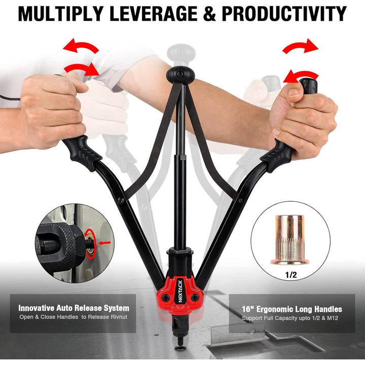 NEXTACK Rivet Nut Tool Kit w/ 105pc Nurserts, 16" Heavy Duty Rivnut Tool Kit w/ 12pc Mandrels 8 - 32 10 - 24 10 - 32 1/4 - 20 5/16 - 18 3/8 - 16 1/2 - 13 M5 M6 M8 M10 M12 in Organized Rugged Carrying Case NT800 - Just Closeouts Canada Inc.