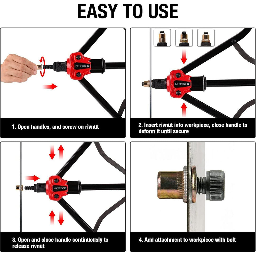 NEXTACK Rivet Nut Tool Kit w/ 105pc Nurserts, 16" Heavy Duty Rivnut Tool Kit w/ 12pc Mandrels 8 - 32 10 - 24 10 - 32 1/4 - 20 5/16 - 18 3/8 - 16 1/2 - 13 M5 M6 M8 M10 M12 in Organized Rugged Carrying Case NT800 - Just Closeouts Canada Inc.