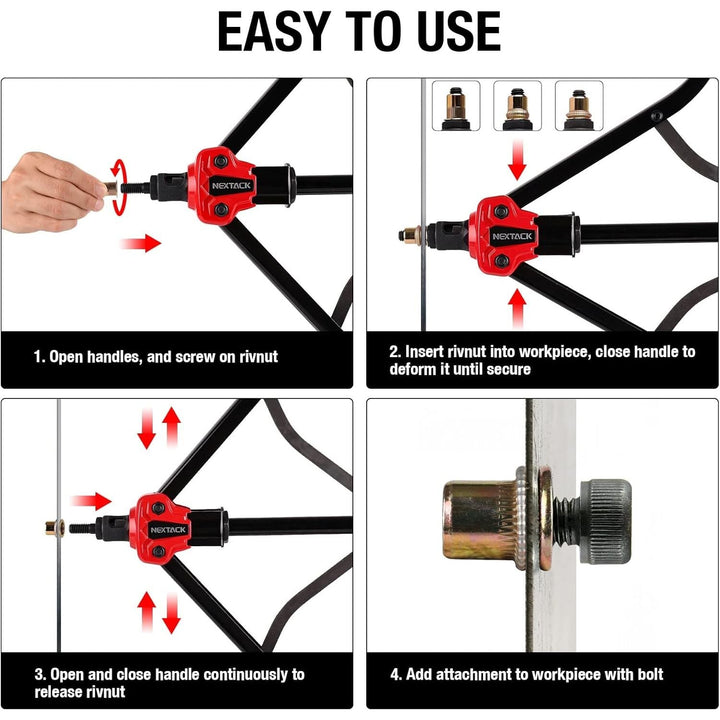 NEXTACK Rivet Nut Tool Kit w/ 105pc Nurserts, 16" Heavy Duty Rivnut Tool Kit w/ 12pc Mandrels 8 - 32 10 - 24 10 - 32 1/4 - 20 5/16 - 18 3/8 - 16 1/2 - 13 M5 M6 M8 M10 M12 in Organized Rugged Carrying Case NT800 - Just Closeouts Canada Inc.