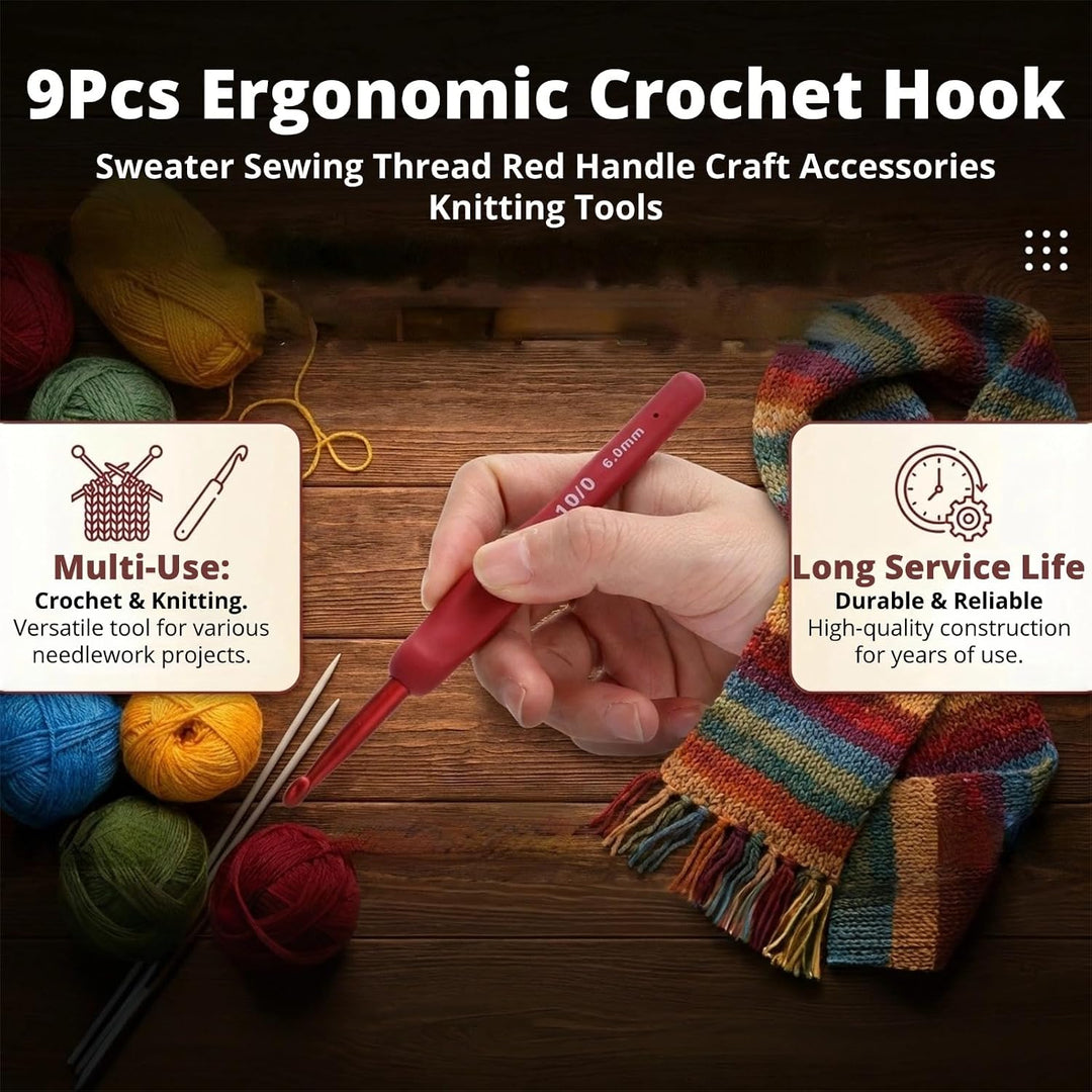 Nine red-handle crochet hooks, view 3