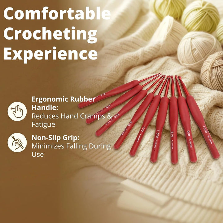 Nine red-handle crochet hooks, view 4
