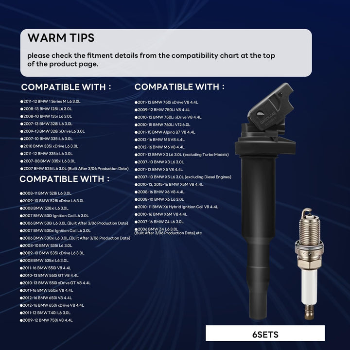 OEM Ignition Coil Pack UF592 0221504470 and Spark Plugs (Set of 6),Compatible with BMW 128i 323i 328i 330i 325i 325xi 335i 525i 528i 530i 530xi X3 X5 Z4, For 00044 5C1695 C1638 - Just Closeouts Canada Inc.